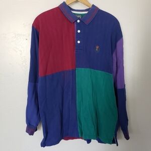 Chaps Ralph Lauren Vintage Men's Large Colorblock Long Sleeve Shirt Navy Red 90s